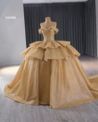 Champange Shimmering Beaded Wedding Gowns Ruffled Off the Shoulder Quince Dress 241088