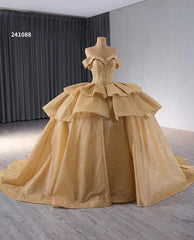 Champange Shimmering Beaded Wedding Gowns Ruffled Off the Shoulder Quince Dress 241088