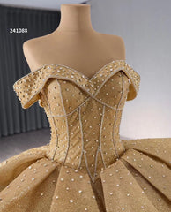 Champange Shimmering Beaded Wedding Gowns Ruffled Off the Shoulder Quince Dress 241088