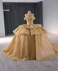 Champange Shimmering Beaded Wedding Gowns Ruffled Off the Shoulder Quince Dress 241088