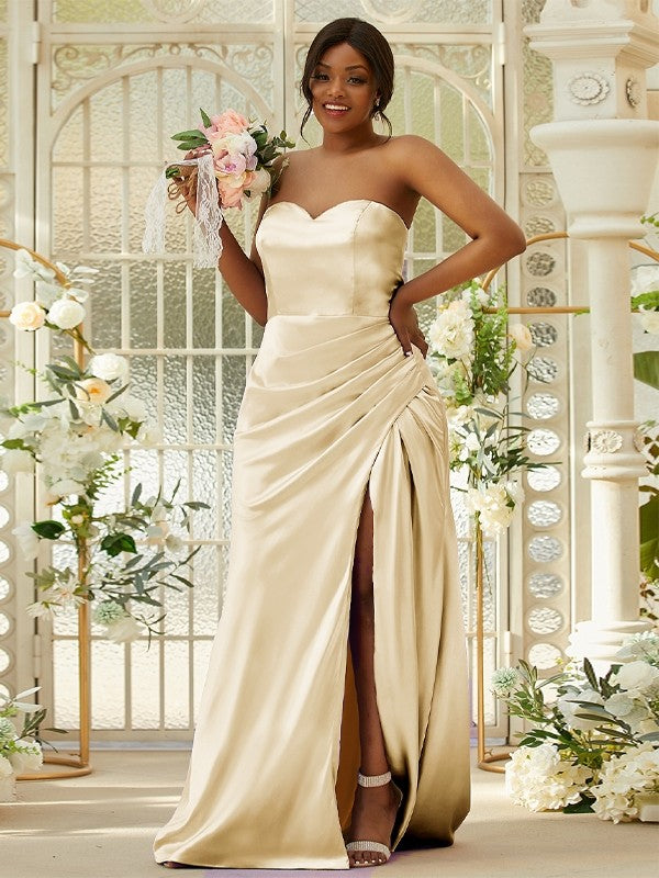 Sheath/Column Silk like Satin Ruched Sweetheart Sleeveless Sweep/Brush Train Bridesmaid Dresses