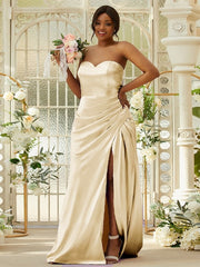 Sheath/Column Silk like Satin Ruched Sweetheart Sleeveless Sweep/Brush Train Bridesmaid Dresses