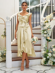 A-Line/Princess Silk like Satin Ruffles V-neck Sleeveless Tea-Length Bridesmaid Dresses