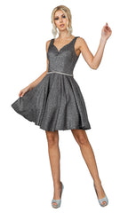 Metallic Glitter Short Prom Dress with Pockets