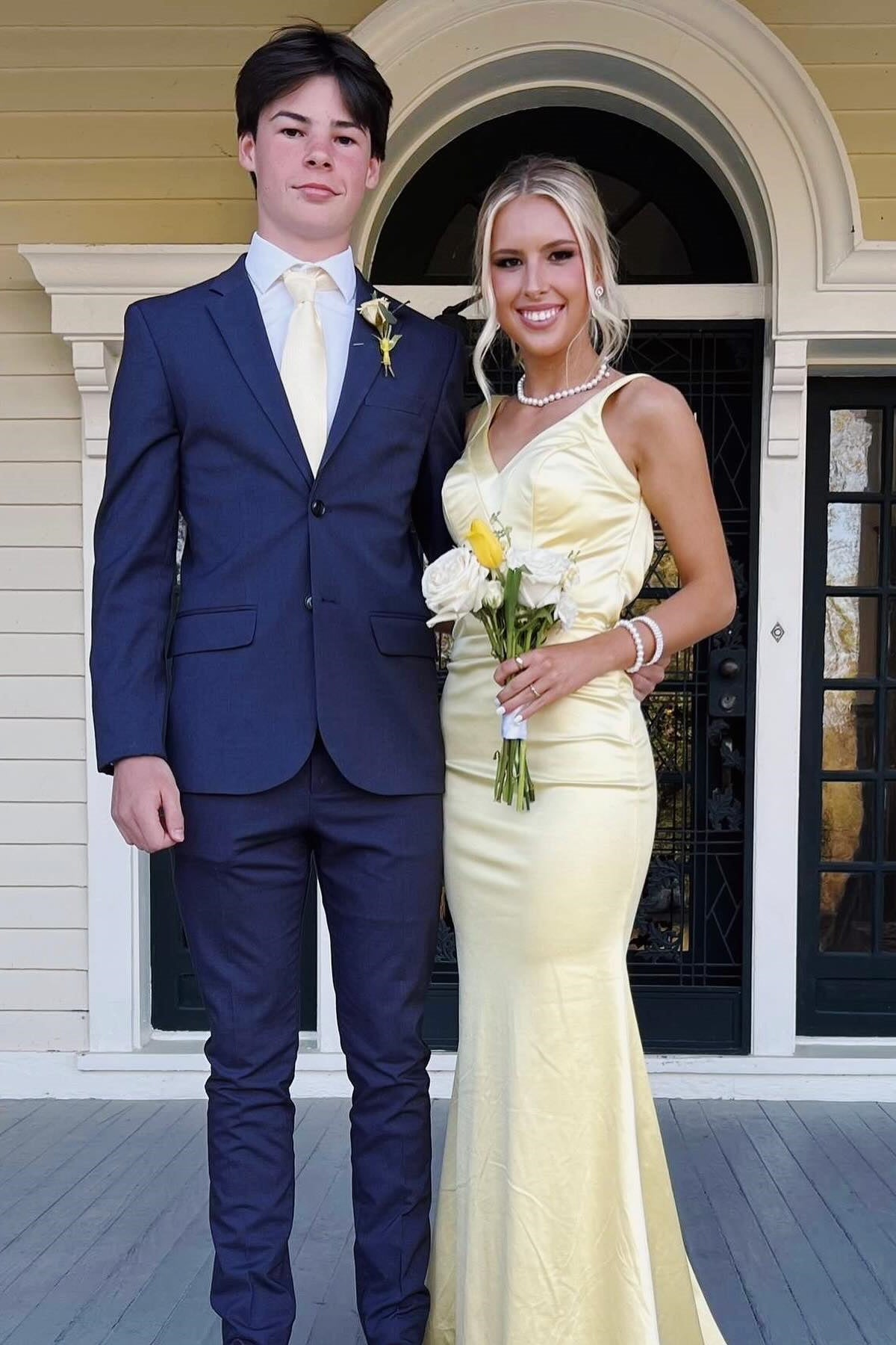 Bliss | Yellow Mermaid Satin V Neck Long Party Dress
