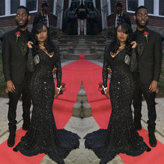 Charming Black Sequins Long-Sleeves Deep-V-Neck Alluring Prom Dresses