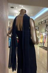Navy Blue Evening Gown Strapless Sleeveless Prom Dresses with Scarf