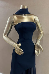 Navy Blue Evening Gown Strapless Sleeveless Prom Dresses with Scarf