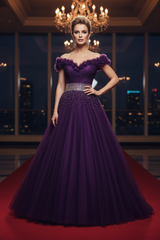 Charming Off Shoulder Dark Purple Tulle Long Prom Gown with Sequins Regency Formal Graduation Evening Dress