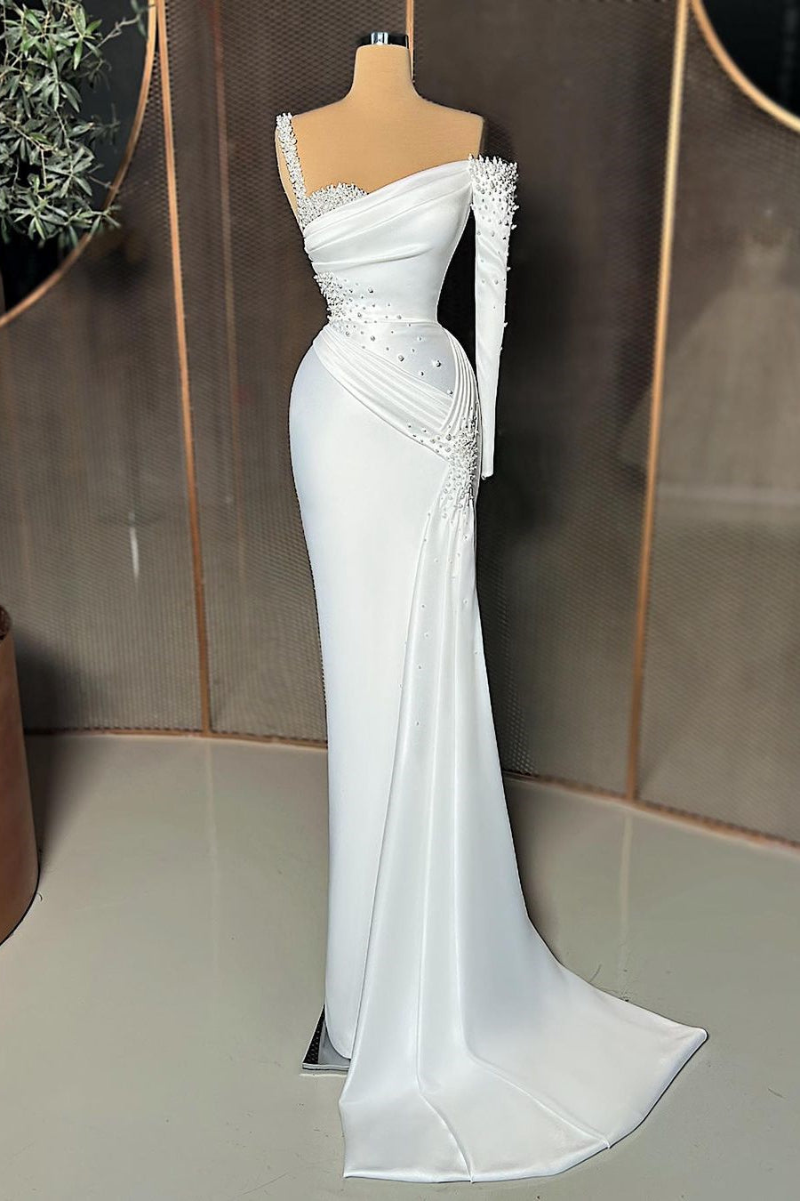 Charmante lange satijnen one-shoulder zeemeermin avond prom-jurken met kralen