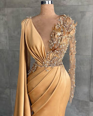 Charming Long sleeves V-neck Mermaid Long Evening Dress with Side Train