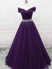 Charming Off Shoulder Dark Purple Tulle Long Prom Gown with Sequins Regency Formal Graduation Evening Dress