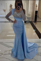 Charming Seequins Satin Mermaid Prom Dresses Long Sleeves with Train
