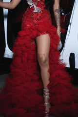 Charming Sleeveless Beadings Red Prom Dress Sequined with High Slit