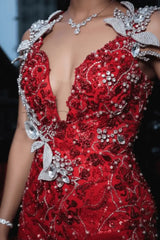 Charming Sleeveless Beadings Red Prom Dress Sequined with High Slit