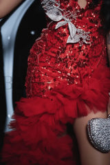 Charming Sleeveless Beadings Red Prom Dress Sequined with High Slit