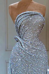 Elegant Mermaid Strapless Sequin Light Sky Blue Long Prom Dresses Evening Dress HZ1024
