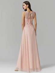 A-Line Empire Dress Wedding Guest Prom Floor Length Sleeveless Illusion Neck Bridesmaid Dress Chiffon with Beading Appliques