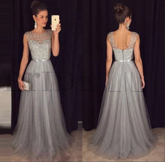 Elegant Gray A-Line Prom Dress Sequined Tulle Evening Gown