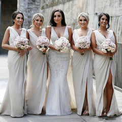 Long V-Neck Chiffon Bridesmaid Dresses Sleeveless Side-Slit