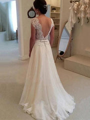 Cheap Jewel Backless Lace A-Line Wedding Dresses