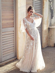 Cheap V Neck Half Sleeve Lace Boho Wedding Dresses