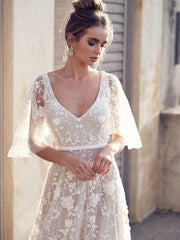 Cheap V Neck Half Sleeve Lace Boho Wedding Dresses