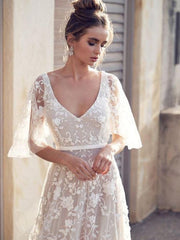 Cheap V Neck Half Sleeve Lace Boho Wedding Dresses