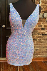 Purple Sequins Plunge Mini Homecoming Dress