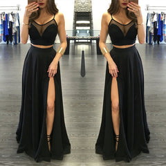 Chic Black Illusion Two Piece Prom Party GownsFront Split Spaghetti Strap