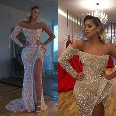 Chic Crystal Beading One-shoulder Strapless Slit Mermaid Sequins Prom Gowns