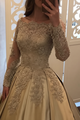Chic Gold Off Shoulder Long Sleeve Ball Gown Appliques Satin Prom Dress