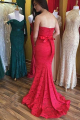 Chic Graceful Sweetheart Mermaid Red Lace Long Prom with Sash Bridesmaid Dress