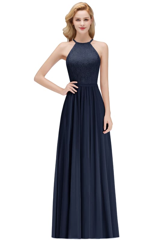Chic Halter Aline Bridesmaid Dress Pleated Lace Chiffon Evening Dress