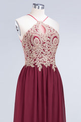 Chic Halter Burgundy Backless Bridesmaid Dress with Appliques