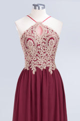 Chic Halter Burgundy Backless Bridesmaid Dress with Appliques
