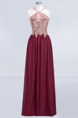 Chic Halter Burgundy Backless Bridesmaid Dress with Appliques