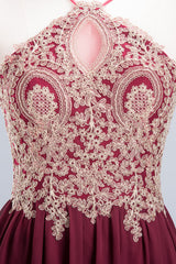 Chic Halter Burgundy Backless Bridesmaid Dress with Appliques