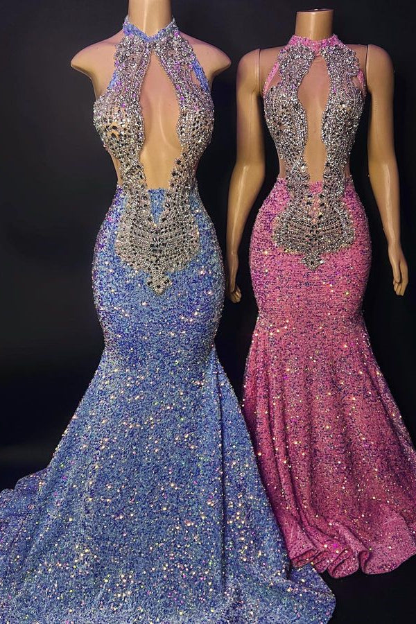 Chique halter mouwloze zeemeermin prom -jurk met kralen