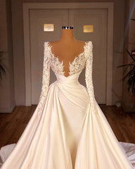 Chique Long A-Line Cathedral V-Neck Satin Lace trouwjurk met mouwen