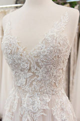 Chique Long A Line V Neck Appliques Lace TuLle trouwjurk