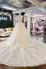 Chique Long A-Line V-neck Floral Lace Open Back Wedding Jurken