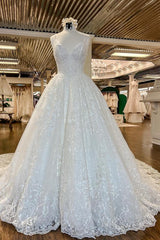 Chique Long A-Line V-neck Floral Lace Open Back Wedding Jurken