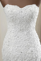 Chique lange zeemeermin strapless kanten appliques trouwjurk