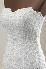 Chique lange zeemeermin strapless kanten appliques trouwjurk