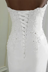 Chique lange zeemeermin strapless kanten appliques trouwjurk
