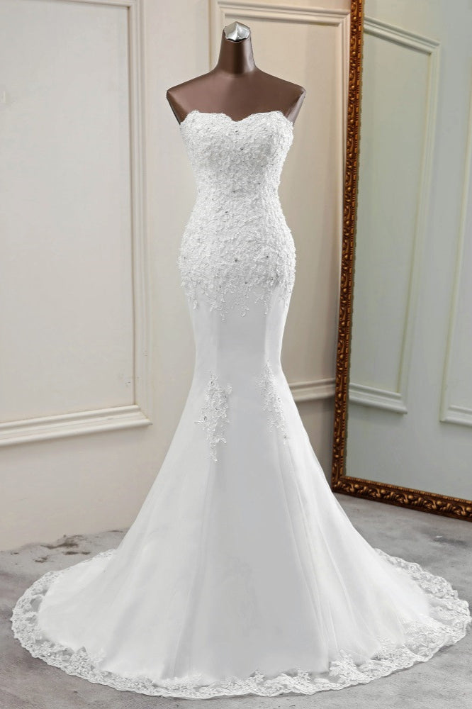Chique lange zeemeermin strapless kanten appliques trouwjurk