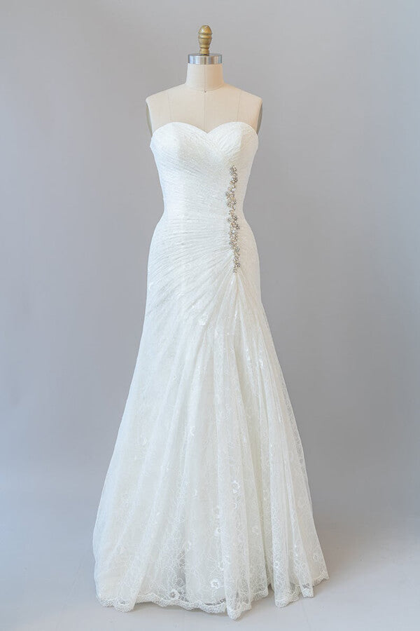 Chique lange schede strapless ruches kanten trouwjurk