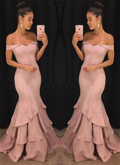 Chic Off-the-Shoulder Mermaid Prom Dresses Tiered Pink Ruffles Evening Gowns On Sale