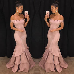 Chic Off-the-Shoulder Mermaid Prom Dresses Tiered Pink Ruffles Evening Gowns On Sale